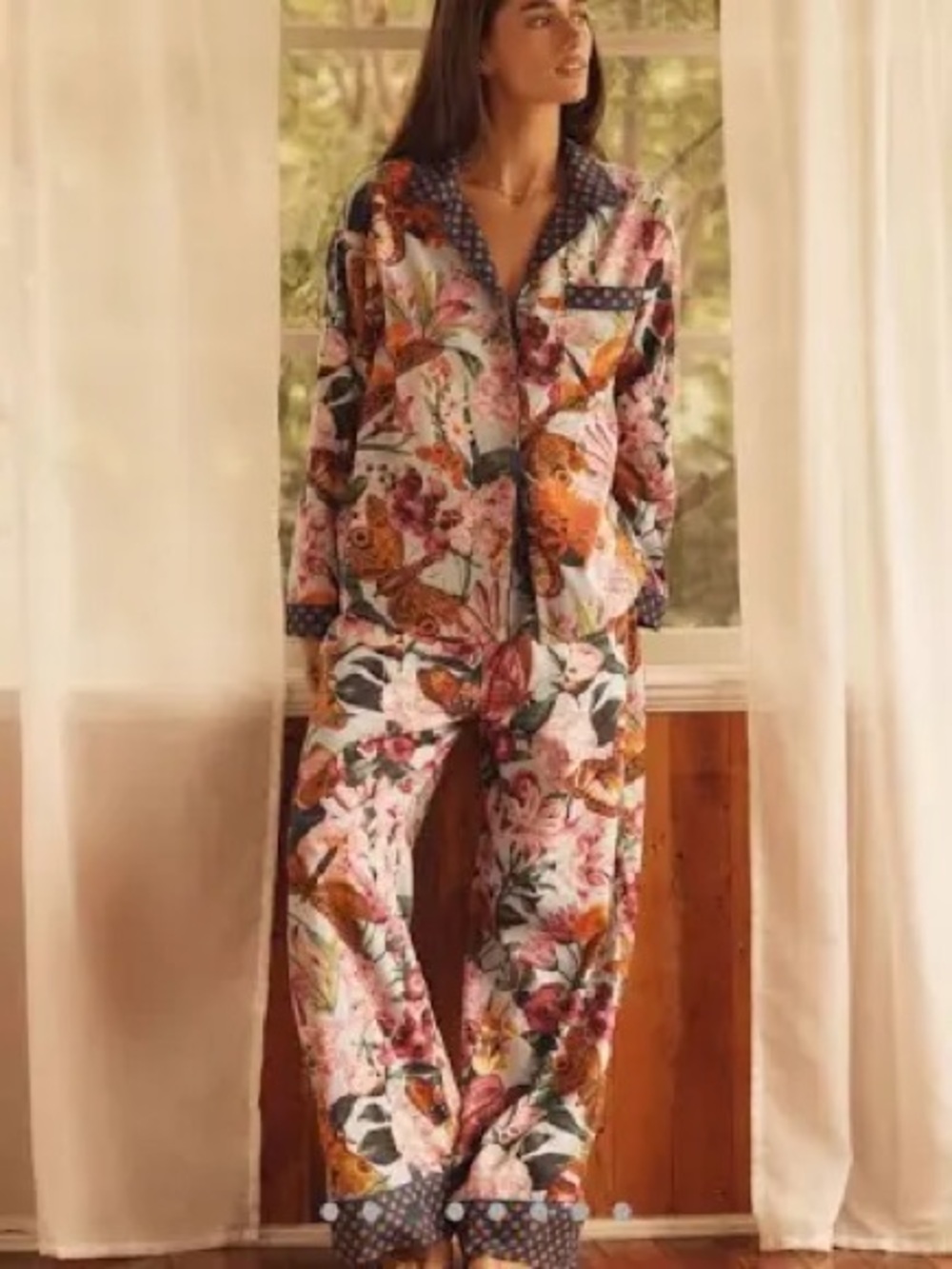 Anthropologie Floral Button-Up Pajama Set in Pink, Orange, Green, Navy